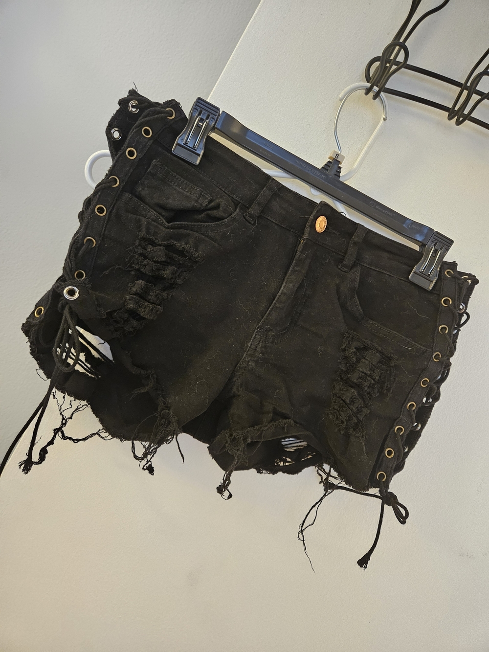 Black Distressed Lace-Up Denim Shorts
